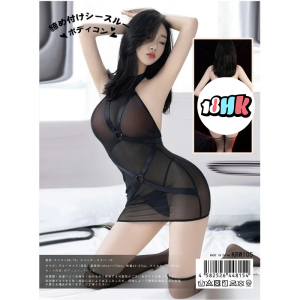 KR（日本）透膚束帶式黑色連體衣